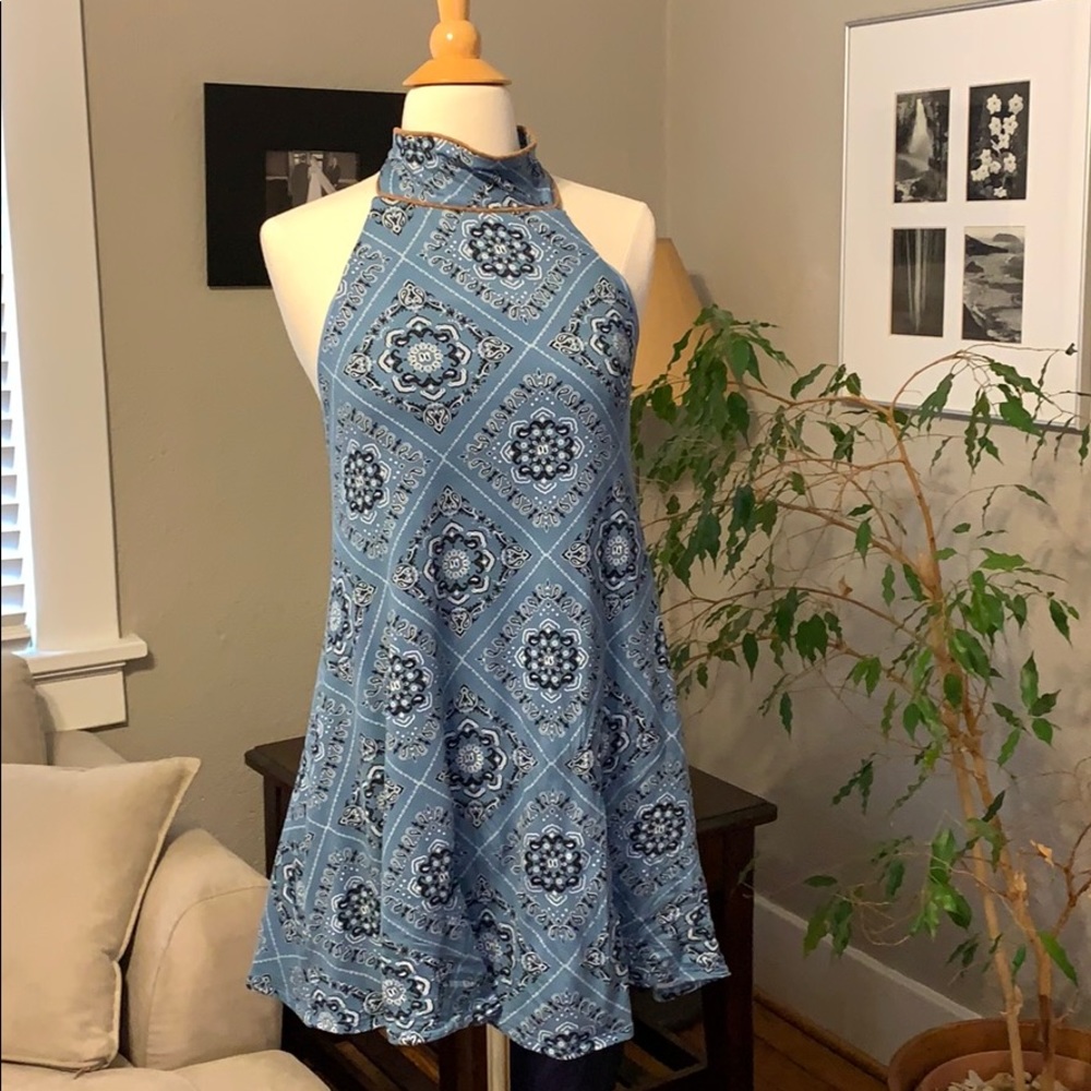 Judith March Bandana Mini Dress Blue Suede Halter
